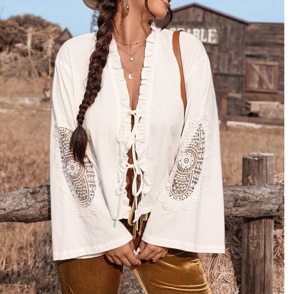 Plus White Floral Lace Insert Ruffle Detail Front Tie Top